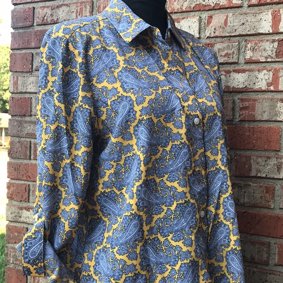 🚨B2G1 MICHAEL MICHAEL KORS Satin Gold & Blue Print Long Sleeved Buttoned Blouse - Picture 5 of 7